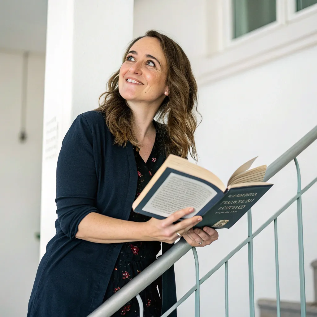 Emily Carter posing with a book